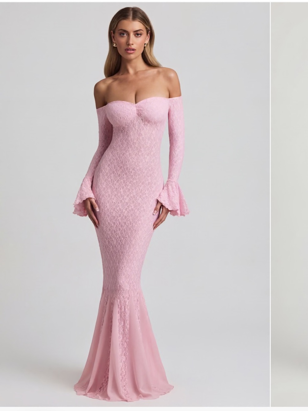 Oh Polly Pink Off-Shoulder Lace Mermaid Gown